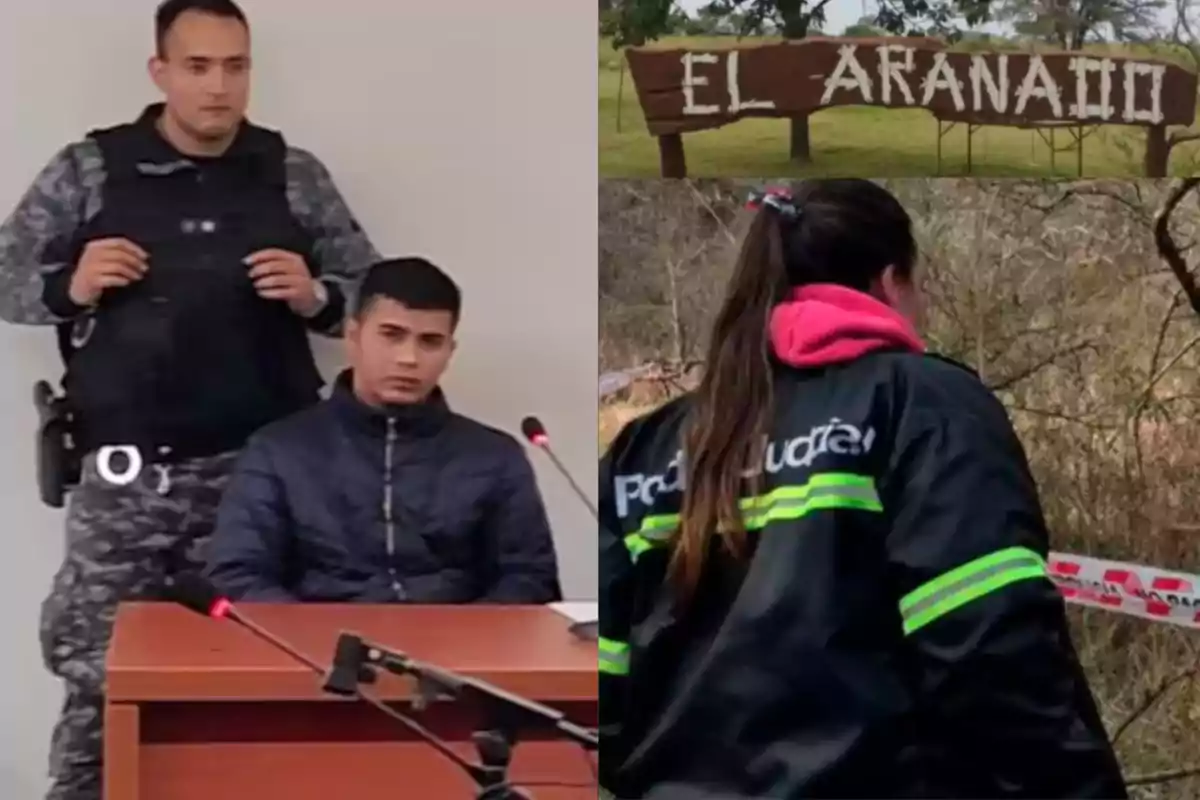 A police officer watches over a young man sitting in a room; next to them, there is a wooden sign with the name "El Aranado" and a woman wearing a judicial police jacket in a rural area.