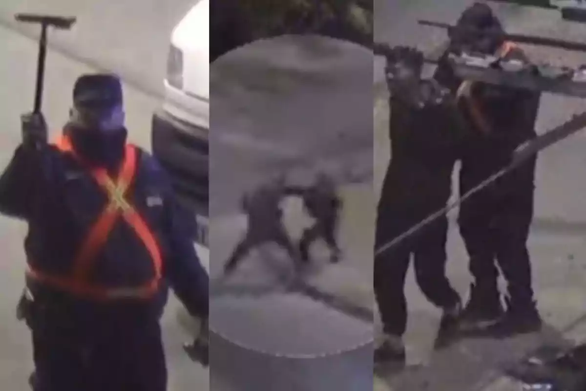 Tres escenas muestran a un guardia de seguridad con uniforme oscuro y chaleco reflejante naranja sosteniendo una herramienta, un forcejeo entre dos personas y una confrontación entre dos individuos en la calle.