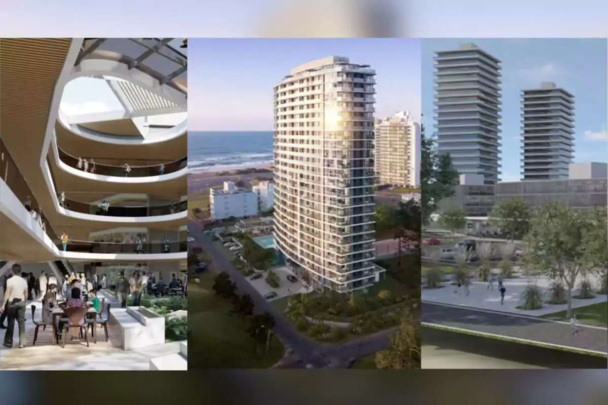Tres imágenes muestran diferentes perspectivas de edificios modernos, incluyendo un interior con personas, una torre frente al mar y un conjunto de torres rodeadas de áreas verdes
