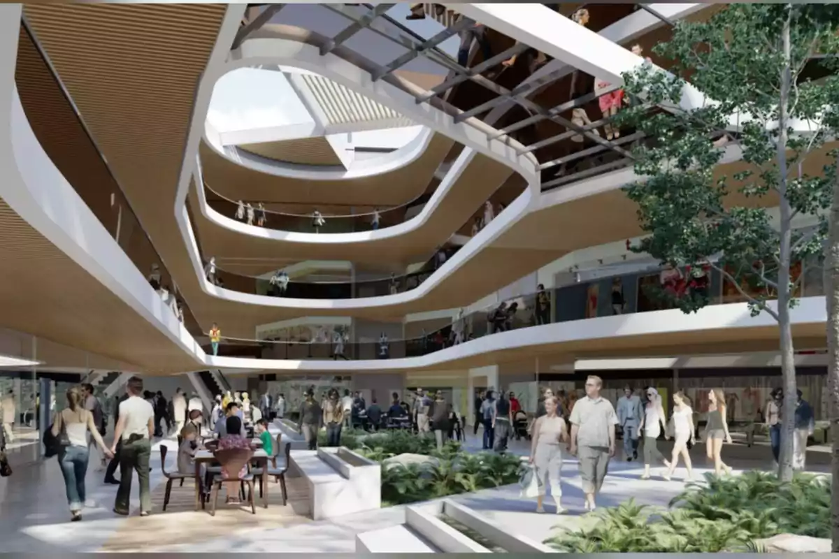 Personas caminando y conviviendo en el interior de un centro comercial moderno con varios niveles y áreas verdes Personas caminando y conviviendo en el interior de un centro comercial moderno con varios niveles y áreas verdes