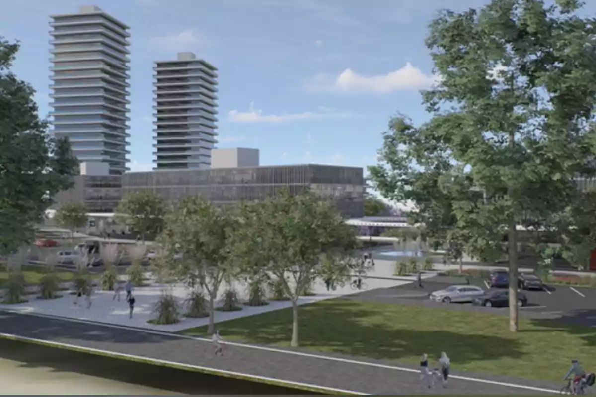 Render de un complejo urbano moderno con dos torres altas, áreas verdes, árboles, personas caminando y ciclistas en un entorno peatonal junto a un estacionamiento y un edificio bajo Render de un complejo urbano moderno con dos torres altas, áreas verdes, árboles, personas caminando y ciclistas en un entorno peatonal junto a un estacionamiento y un edificio bajo