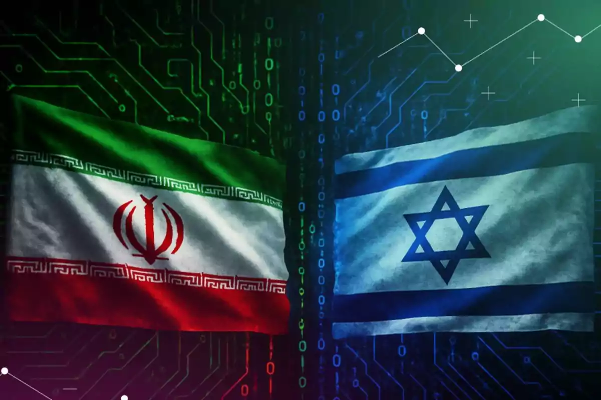 Banderas de Irán e Israel ondeadas una junto a la otra sobre un fondo digital con circuitos y números binarios Banderas de Irán e Israel ondeadas una junto a la otra sobre un fondo digital con circuitos y números binarios