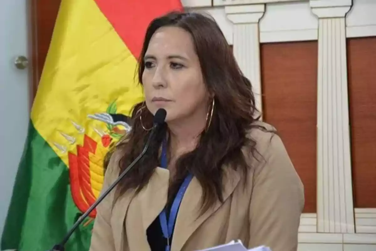 Woman with long brown hair speaking in front of a microphone with a Bolivian flag in the background Woman with long brown hair speaking in front of a microphone with a Bolivian flag in the background