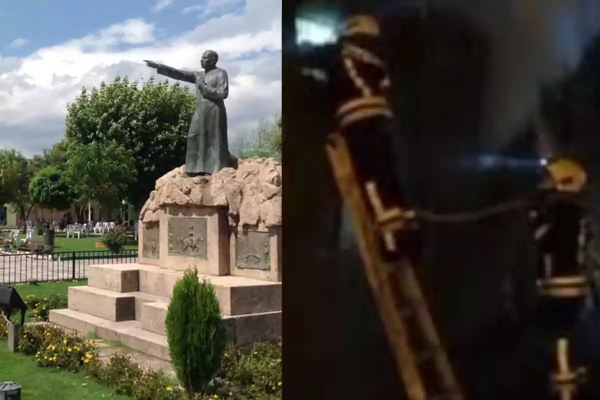 Una estatua de una persona señalando en un parque junto a una imagen de dos bomberos usando una escalera durante la noche