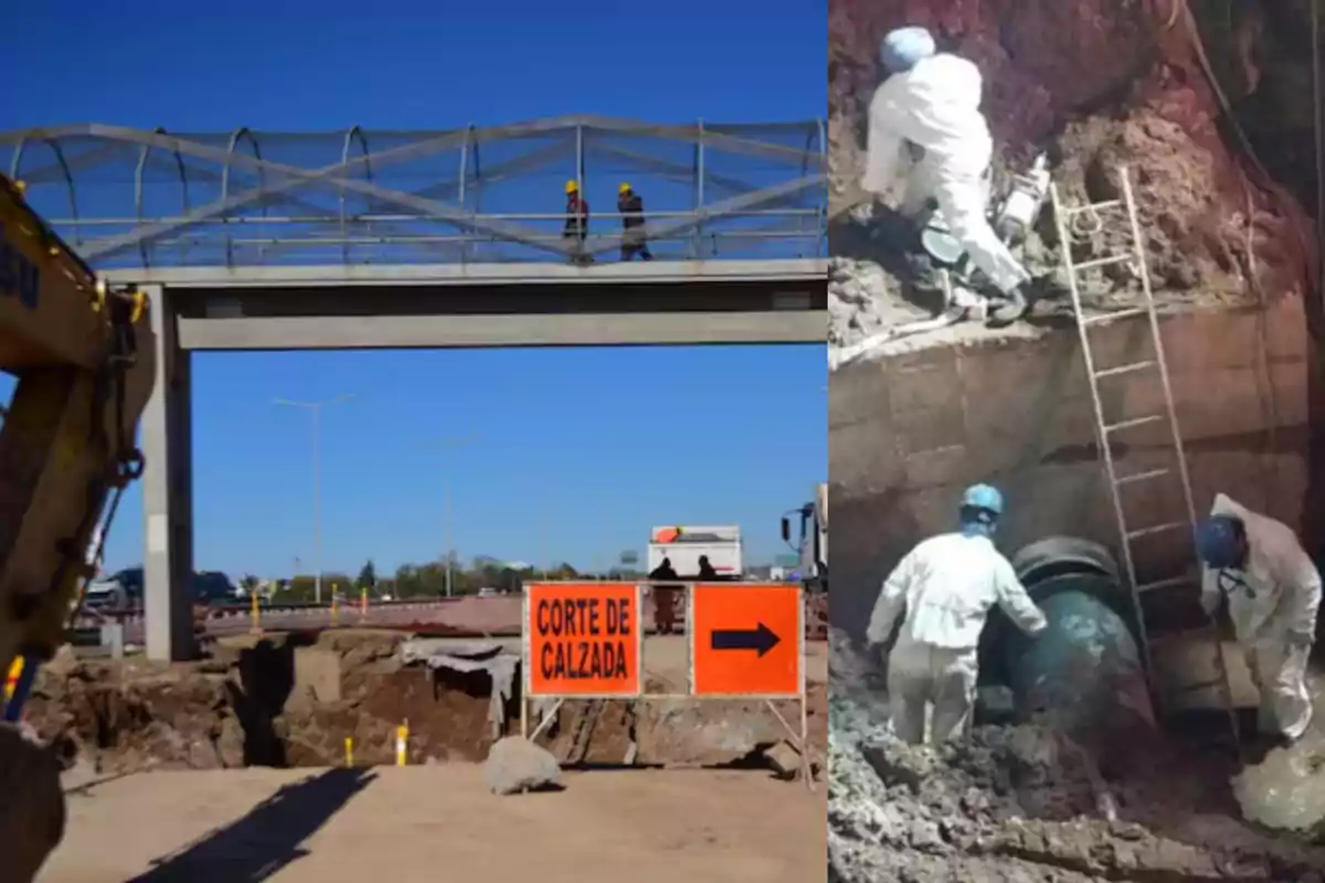 Workers wearing helmets and safety gear performing construction and repair work on a closed roadway, with road closure signs and machinery present.