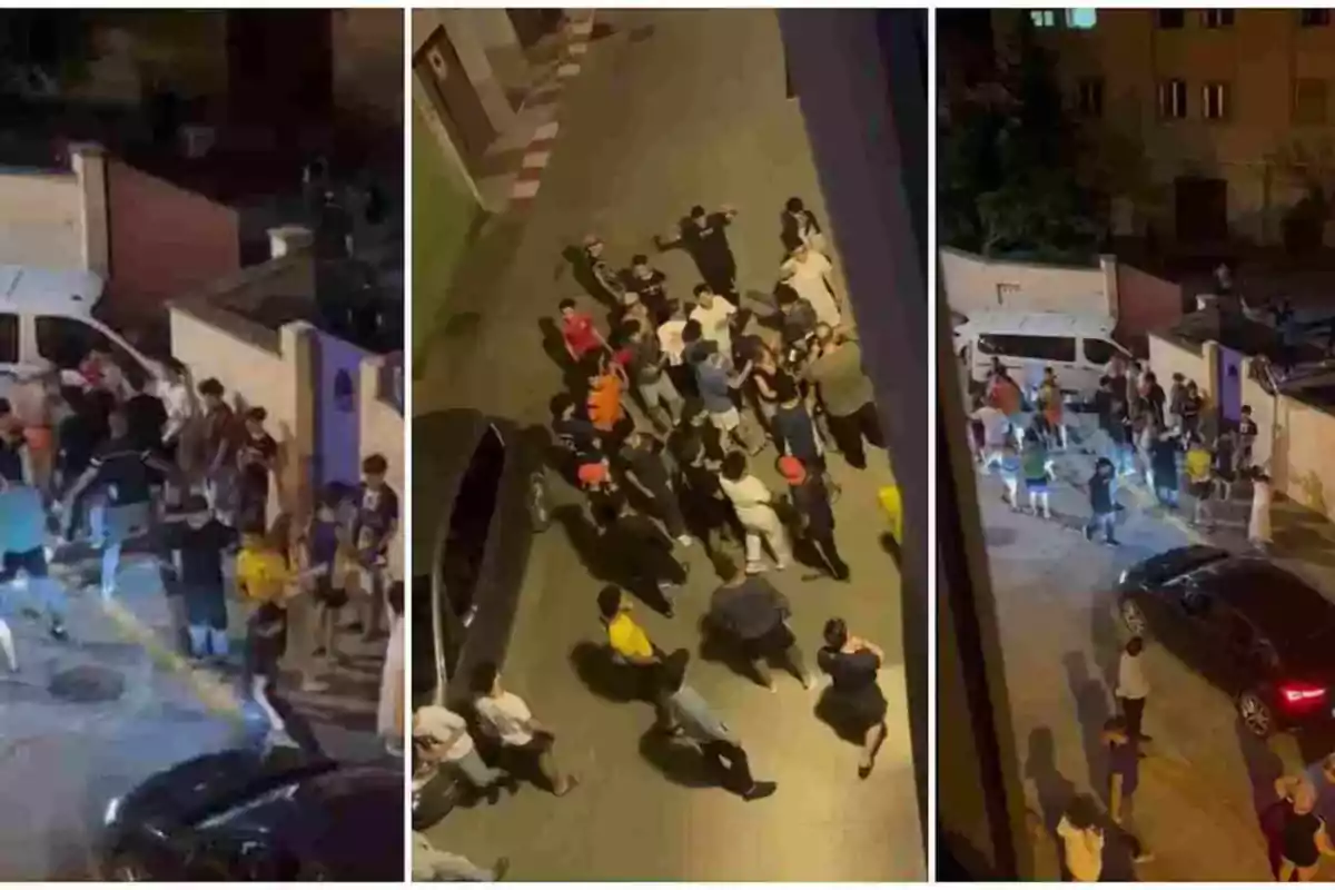 Varias personas se agrupan en una calle durante la noche, algunas parecen estar discutiendo o interactuando de manera agitada, mientras varios autos están estacionados cerca y la escena es observada desde una vista elevada. Varias personas se agrupan en una calle durante la noche, algunas parecen estar discutiendo o interactuando de manera agitada, mientras varios autos están estacionados cerca y la escena es observada desde una vista elevada.