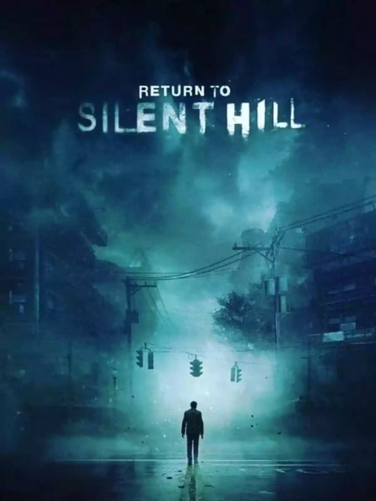 Persona de espaldas en una calle oscura y neblinosa con el texto Return to Silent Hill en la parte superior Persona de espaldas en una calle oscura y neblinosa con el texto Return to Silent Hill en la parte superior