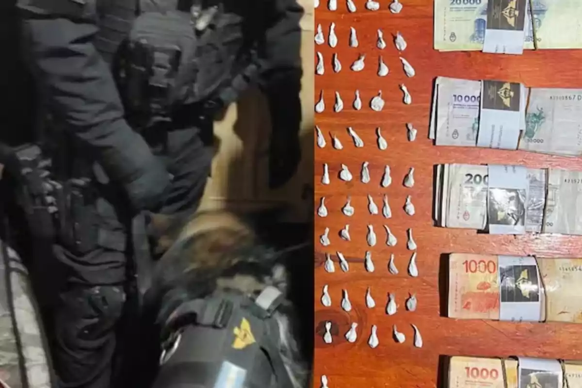 Un policía con uniforme táctico y un perro entrenado están junto a una mesa donde hay billetes y pequeños envoltorios blancos organizados en filas.