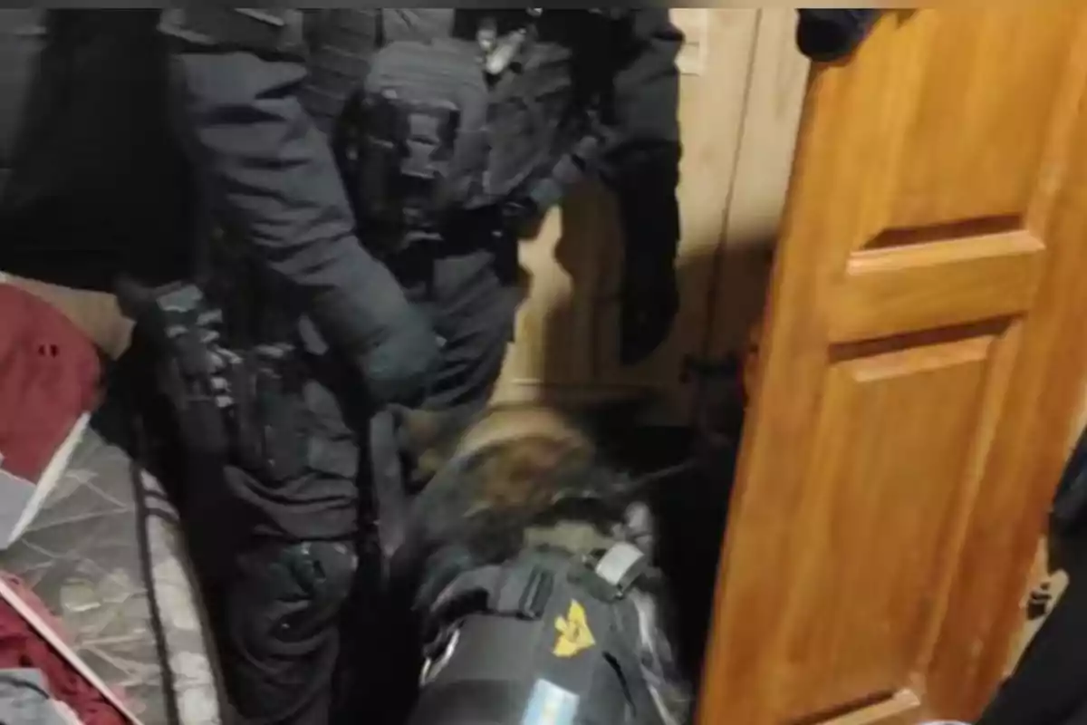 Agente de policía con uniforme táctico acompañado de un perro de trabajo dentro de una habitación con una puerta de madera abierta Agente de policía con uniforme táctico acompañado de un perro de trabajo dentro de una habitación con una puerta de madera abierta