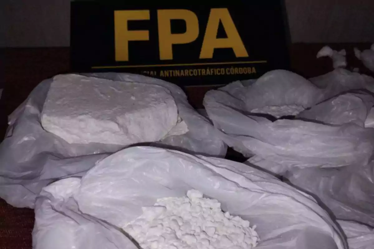 Plastic bags with white powdery and block substances on a table, in the background a sign with the initials FPA Plastic bags with white powdery and block substances on a table, in the background a sign with the initials FPA