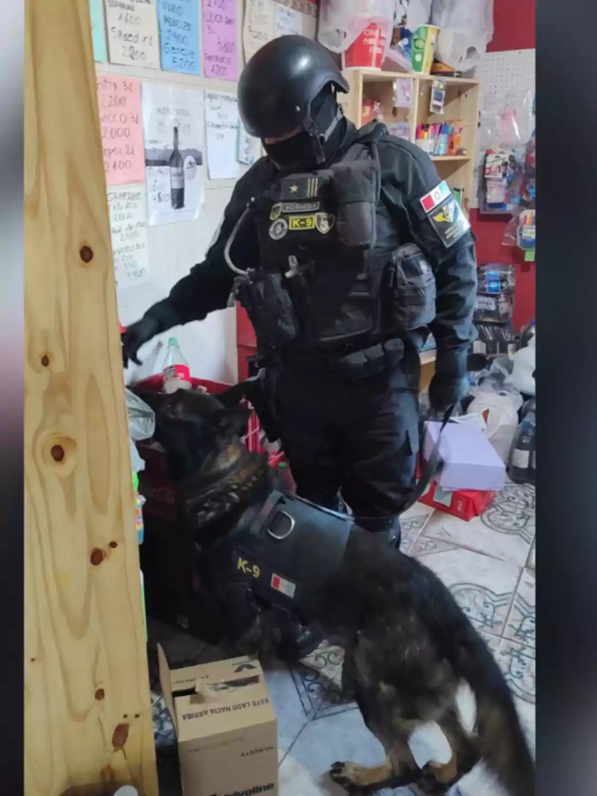 A police officer in tactical uniform and a K-9 dog are inspecting the inside of a store where products and boxes can be seen. A police officer in tactical uniform and a K-9 dog are inspecting the inside of a store where products and boxes can be seen.