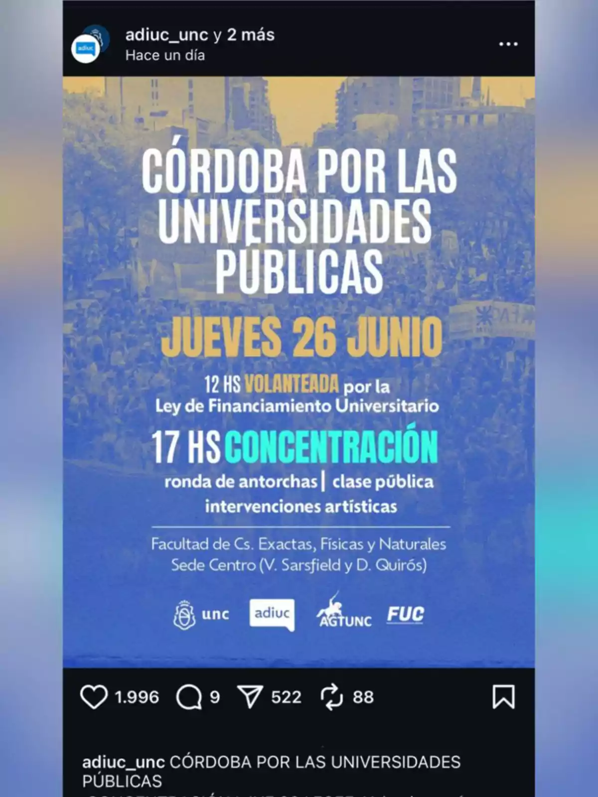 Call poster for a mobilization in Córdoba in defense of public universities on Thursday, June 26, with activities such as handing out flyers and gathering, organized by the Faculty of Exact, Physical and Natural Sciences and university groups. Call poster for a mobilization in Córdoba in defense of public universities on Thursday, June 26, with activities such as handing out flyers and gathering, organized by the Faculty of Exact, Physical and Natural Sciences and university groups.