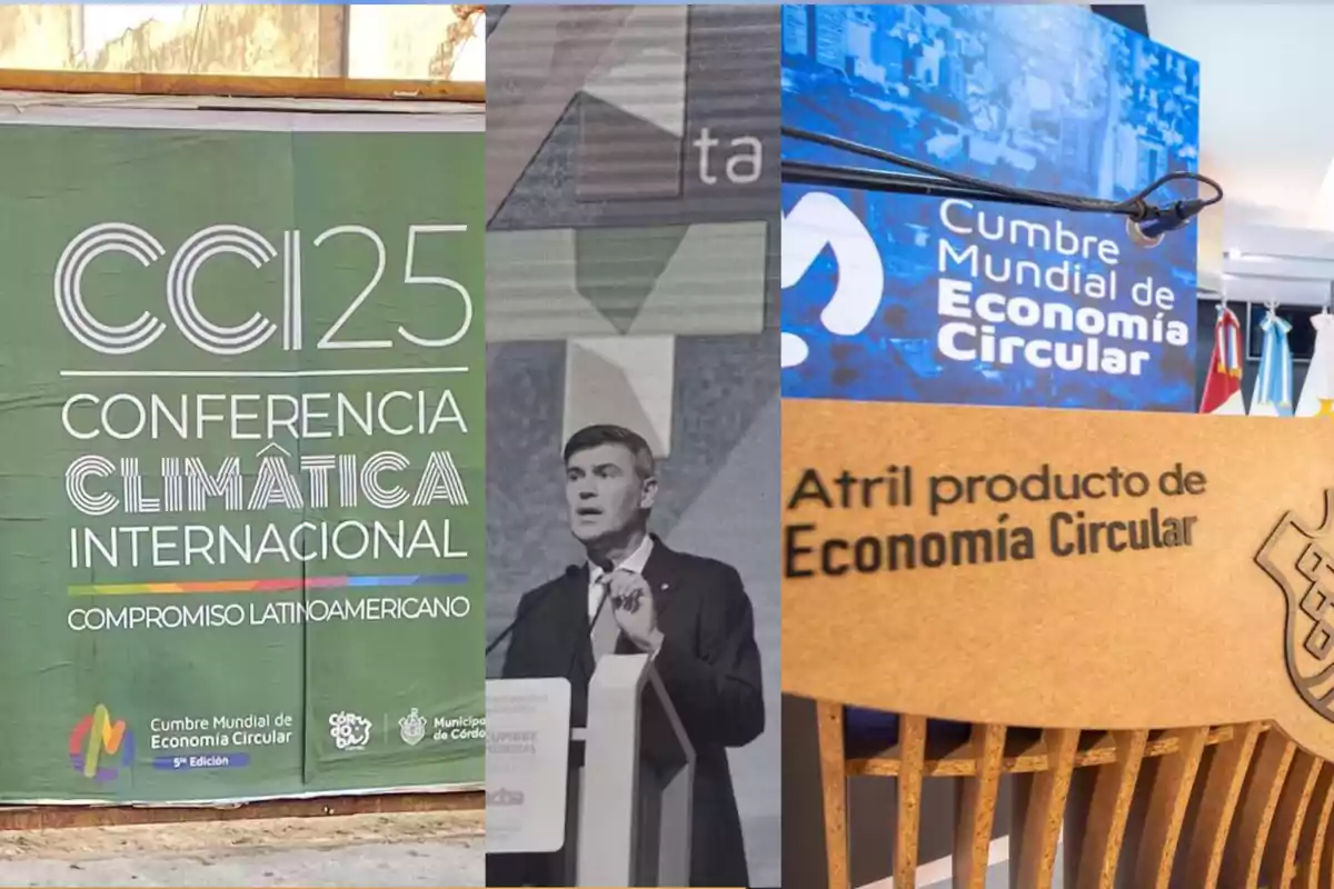 Three images related to conferences on circular economy and climate change, including posters, a lectern, and a person speaking at a podium