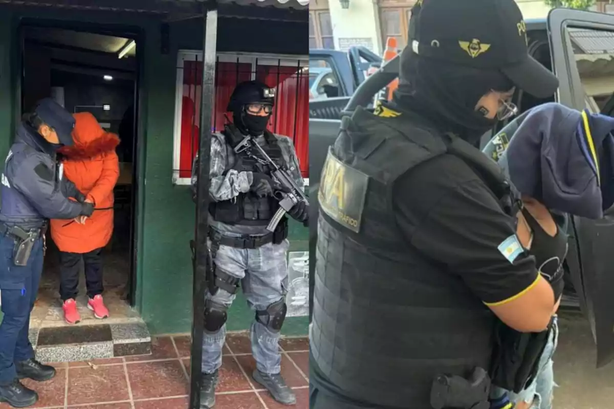 Policías detienen a dos personas en diferentes operativos, una de ellas es escoltada por una oficial mientras otra es custodiada por un agente fuertemente armado.