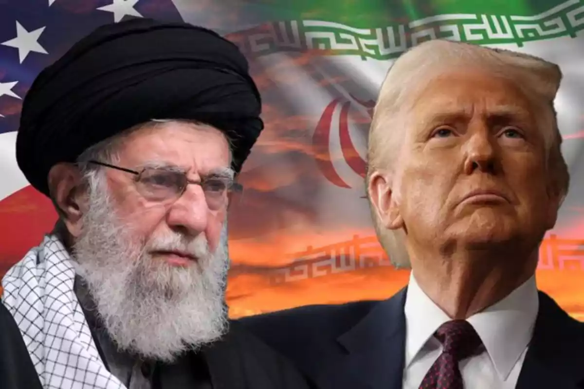 Dos hombres con expresión seria frente a las banderas de Estados Unidos e Irán ondeando de fondo