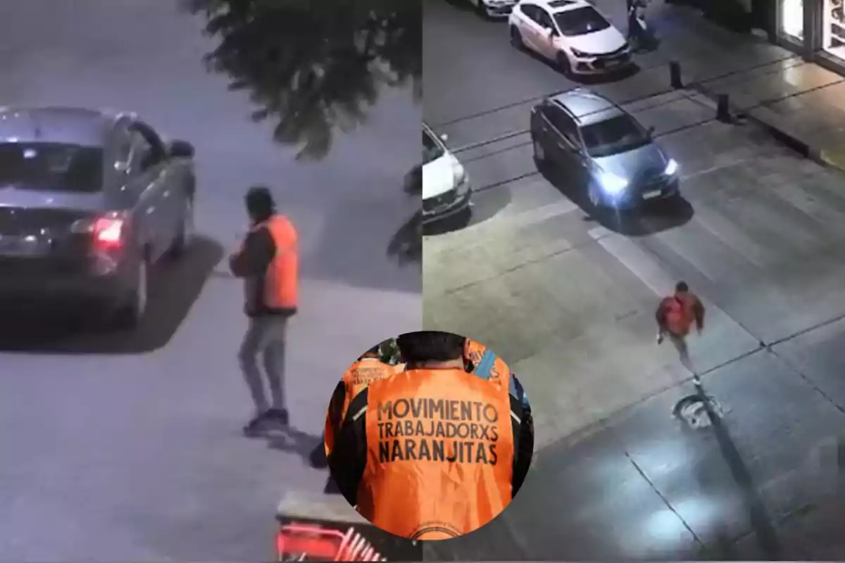 Person wearing an orange vest interacting with cars on the street and a close-up of the vest with the words Movimiento Trabajadorxs Naranjitas