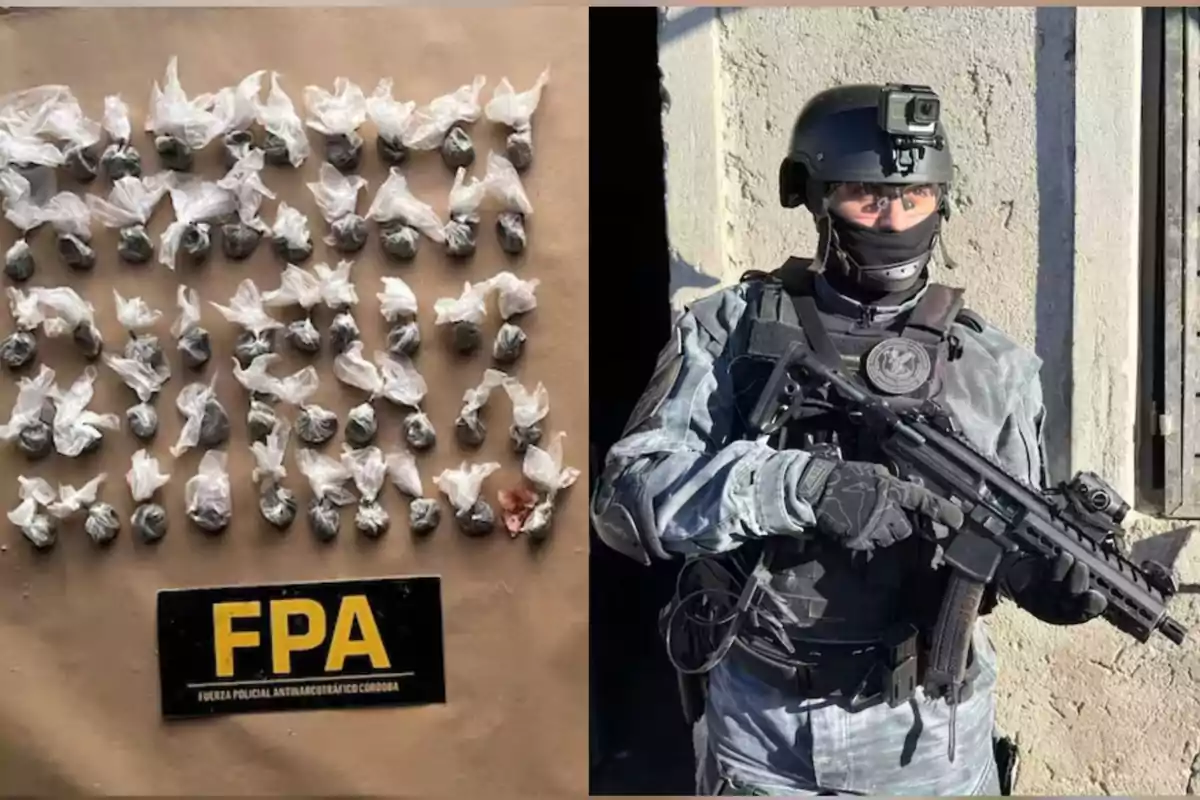 Bolsitas de droga incautadas junto a un cartel de la Fuerza Policial Antinarcotráfico de Córdoba y un agente armado con uniforme táctico
