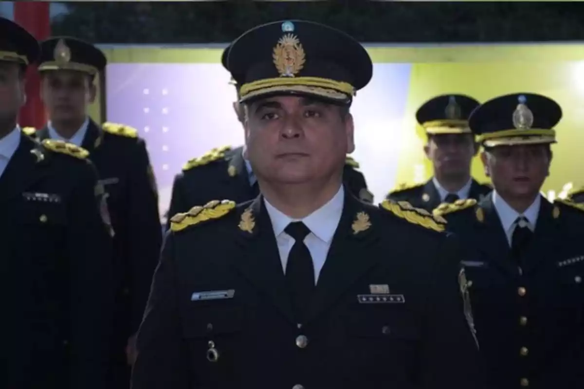 Grupo de oficiales de policía con uniforme de gala y gorra, uno de ellos en primer plano mirando al frente Grupo de oficiales de policía con uniforme de gala y gorra, uno de ellos en primer plano mirando al frente