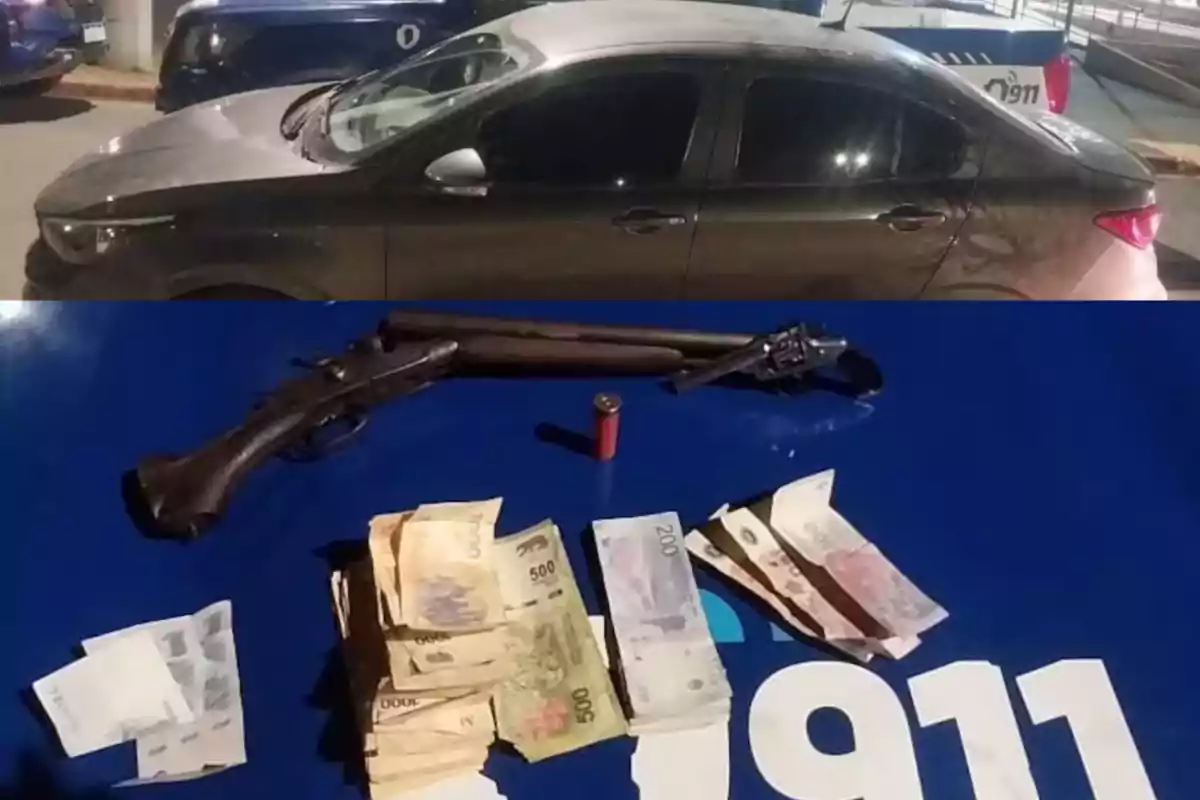 A gray car parked next to police patrol cars and, elsewhere in the image, a shotgun, a revolver, a cartridge, and several bills of different denominations on the hood of a police vehicle.
