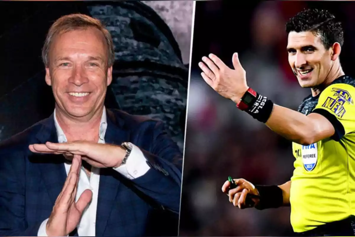 A man in a suit smiles while making the timeout gesture with his hands, and next to him a soccer referee smiles during a match.