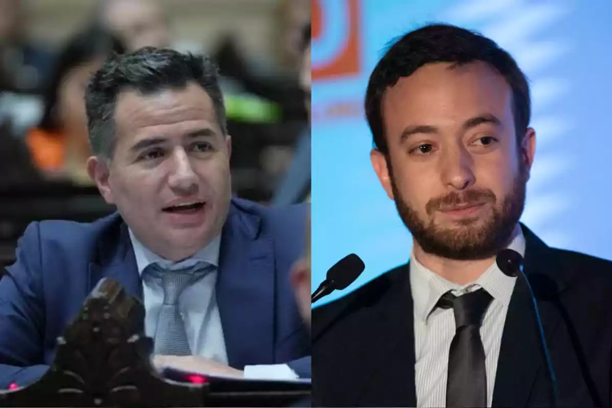 Two men in suits and ties, one of them speaking in a venue and the other in front of a microphone at an event. Two men in suits and ties, one of them speaking in a venue and the other in front of a microphone at an event.