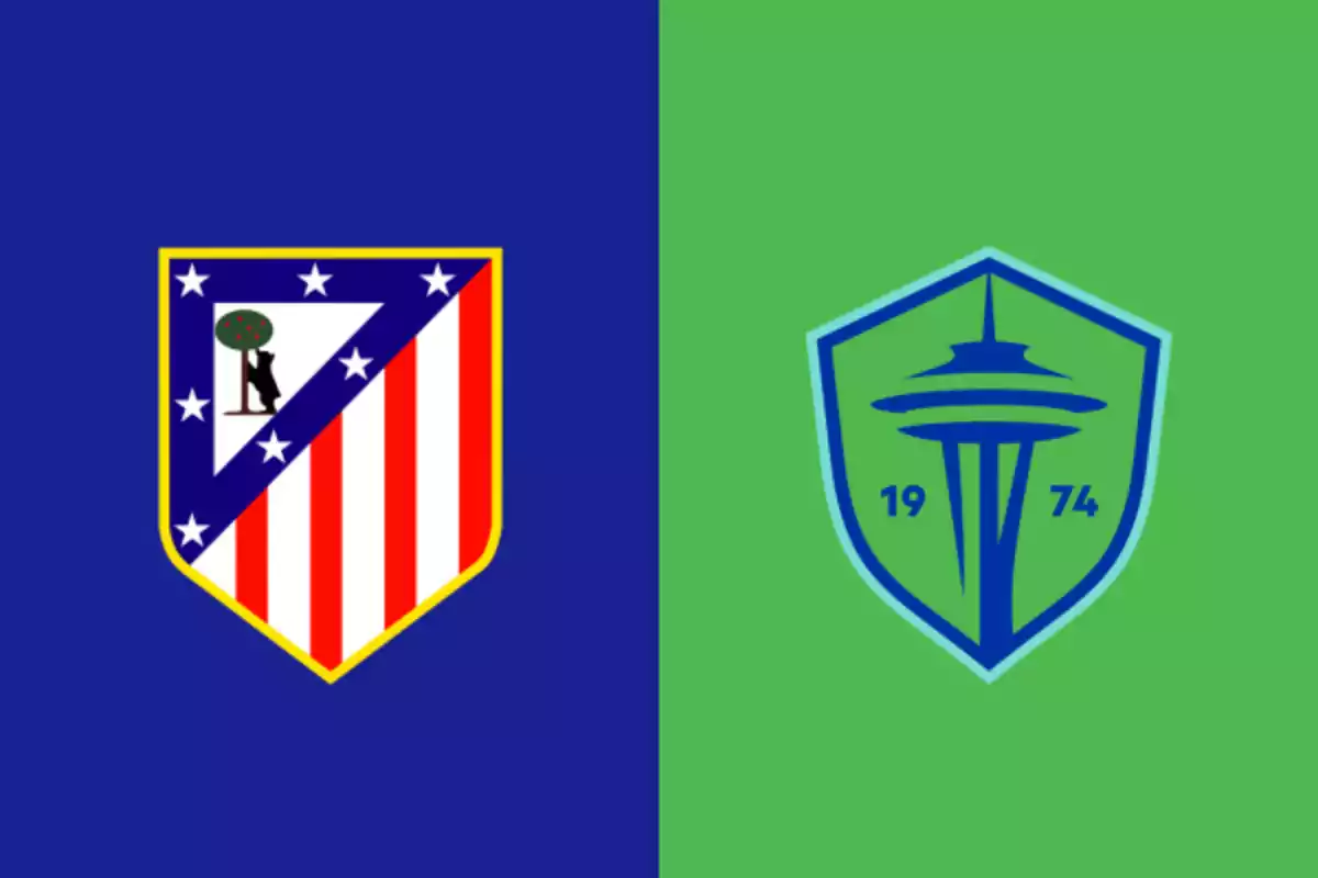 Badges of the teams Atlético de Madrid and Seattle Sounders on blue and green backgrounds, respectively Badges of the teams Atlético de Madrid and Seattle Sounders on blue and green backgrounds, respectively