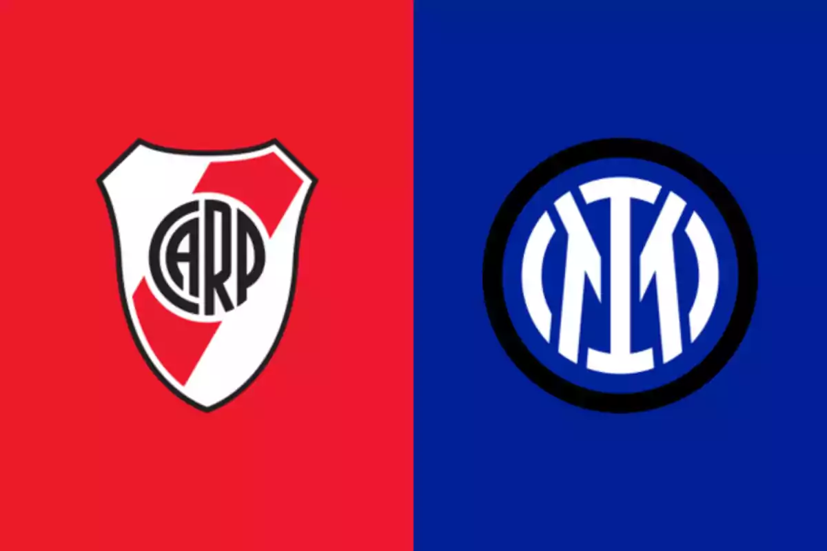 River Plate and Inter Milan crests on red and blue backgrounds, respectively River Plate and Inter Milan crests on red and blue backgrounds, respectively