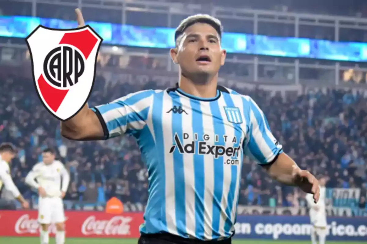 Racing Club player celebrating a goal in the stadium with the River Plate crest superimposed on the image