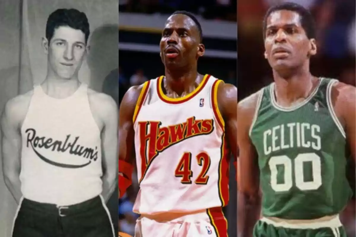 Three basketball players from different eras wearing uniforms from the Rosenblum's, Hawks, and Celtics teams Three basketball players from different eras wearing uniforms from the Rosenblum's, Hawks, and Celtics teams