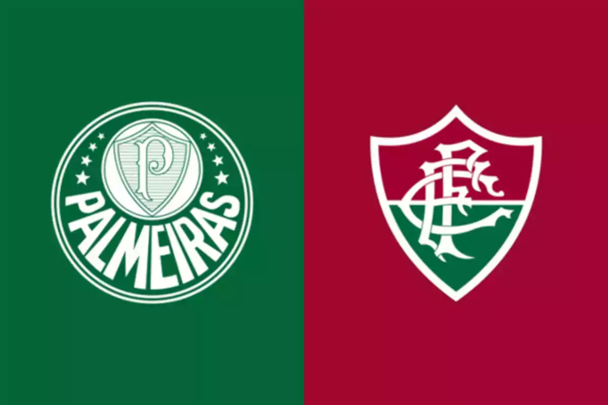 Escudos de los equipos de fútbol Palmeiras y Fluminense sobre fondos verde y vino respectivamente Escudos de los equipos de fútbol Palmeiras y Fluminense sobre fondos verde y vino respectivamente