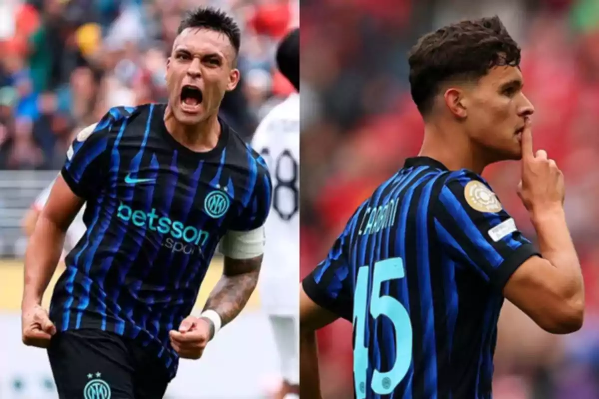 Dos futbolistas del Inter de Milán celebran un gol con expresiones de emoción y euforia durante un partido Dos futbolistas del Inter de Milán celebran un gol con expresiones de emoción y euforia durante un partido