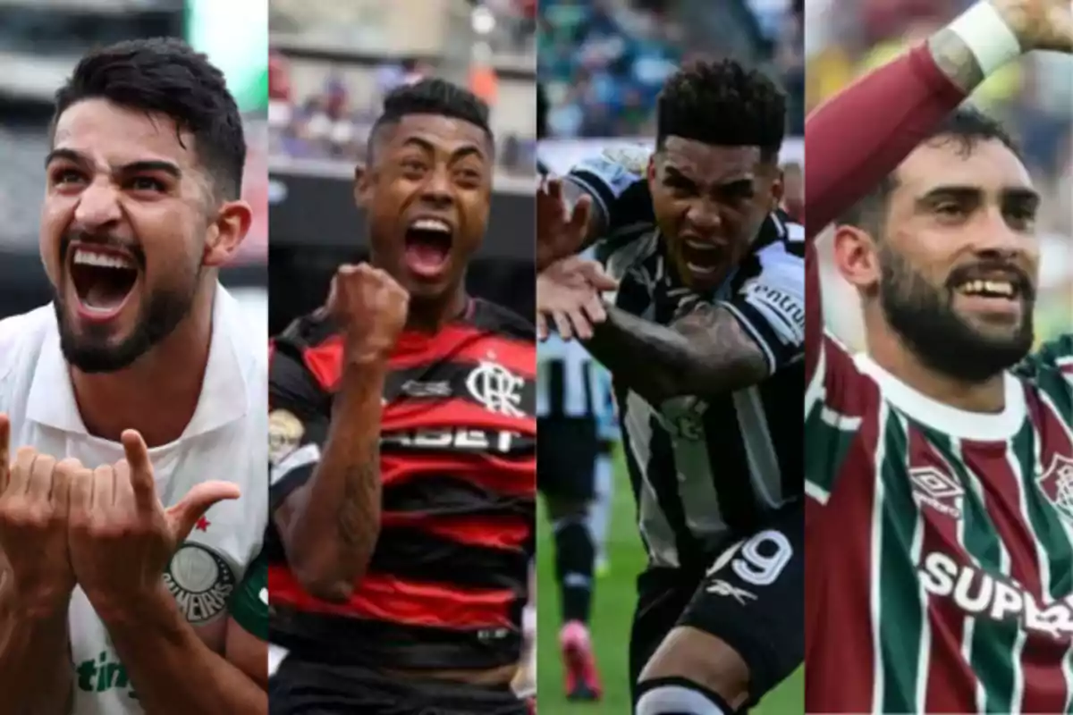 Four players celebrating with expressions of joy and excitement, each wearing the uniform of their respective Brazilian team