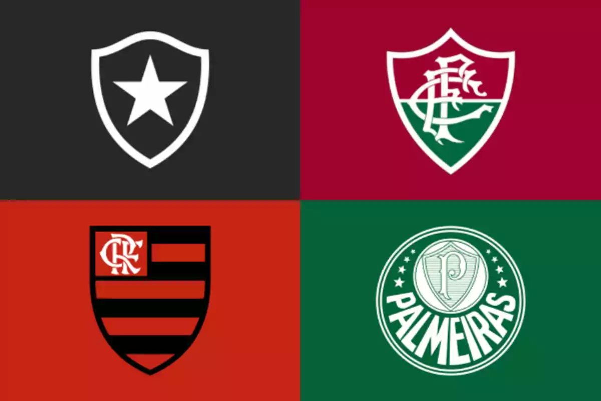 Four crests of Brazilian soccer teams on backgrounds of different colors Four crests of Brazilian soccer teams on backgrounds of different colors