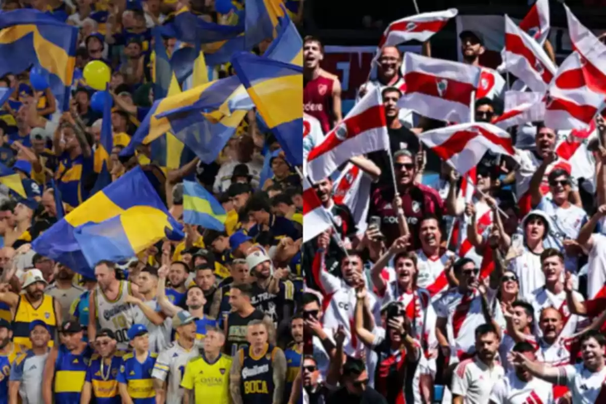 Aficionados de dos equipos de fútbol animando en las gradas, unos con camisetas y banderas azules y amarillas y otros con camisetas y banderas blancas con una franja roja