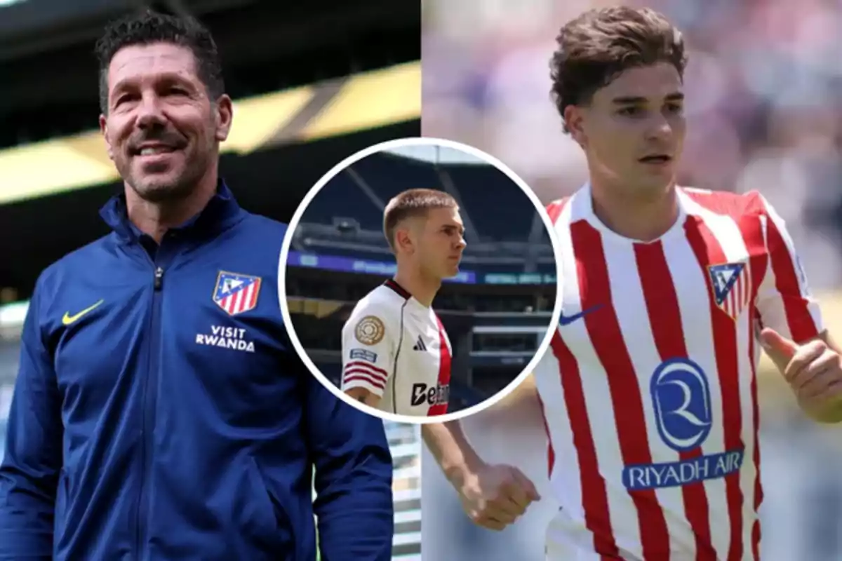 Three people associated with Atlético de Madrid appear in a photo montage, one of them wearing a blue jacket and the other two in soccer uniforms, one in red and white stripes and the other in a white uniform.