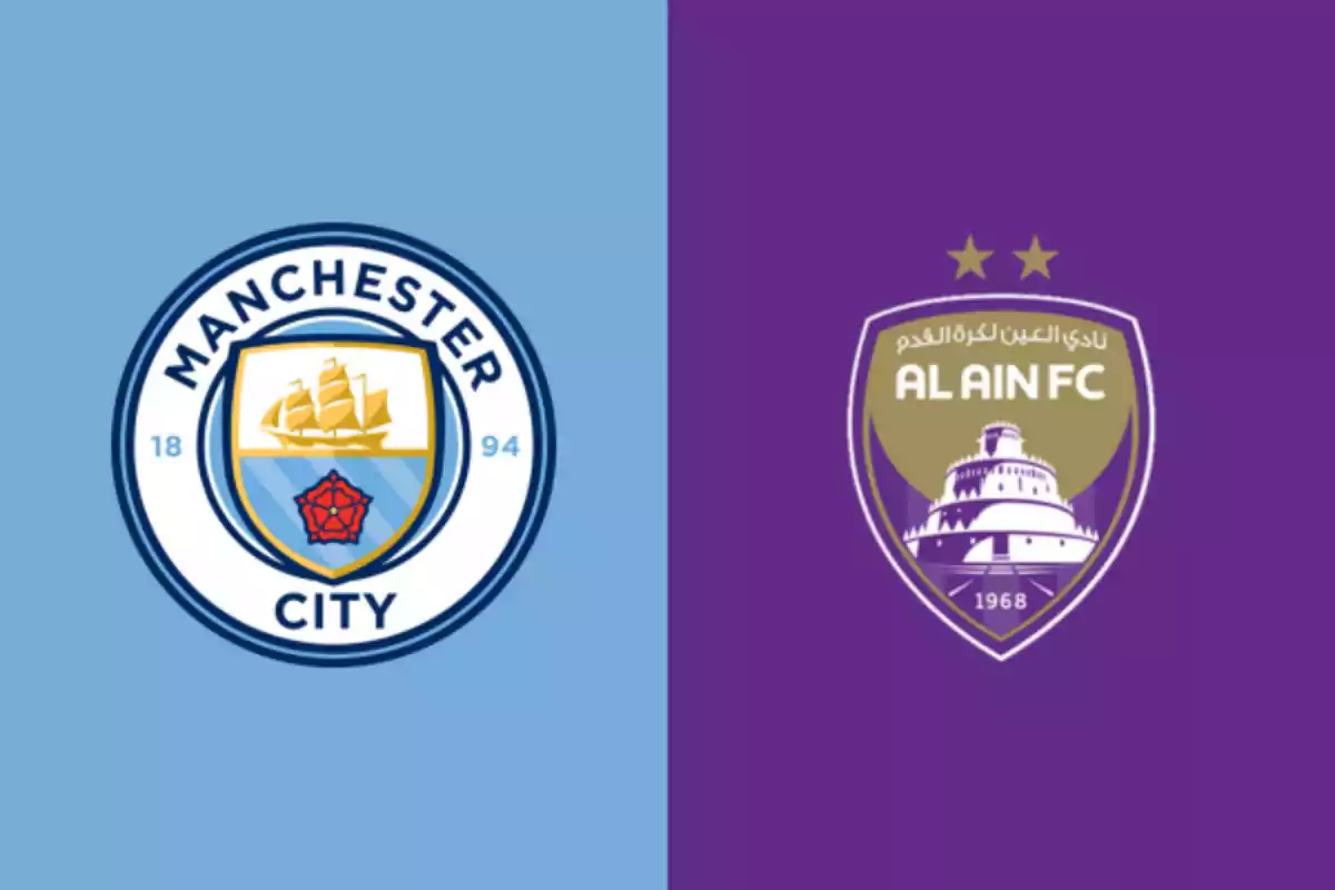 Escudos de los equipos de fútbol Manchester City y Al Ain FC sobre fondos azul y morado respectivamente Escudos de los equipos de fútbol Manchester City y Al Ain FC sobre fondos azul y morado respectivamente