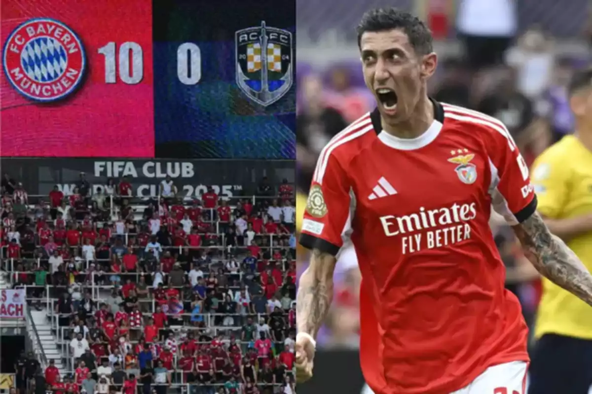 Marcador de fútbol mostrando una victoria de Bayern Múnich por diez a cero junto a un jugador del Benfica celebrando efusivamente en la cancha Marcador de fútbol mostrando una victoria de Bayern Múnich por diez a cero junto a un jugador del Benfica celebrando efusivamente en la cancha