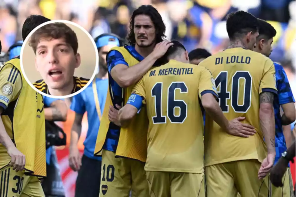 A group of players in yellow uniforms hug on the field while a circle shows the face of a young man speaking.