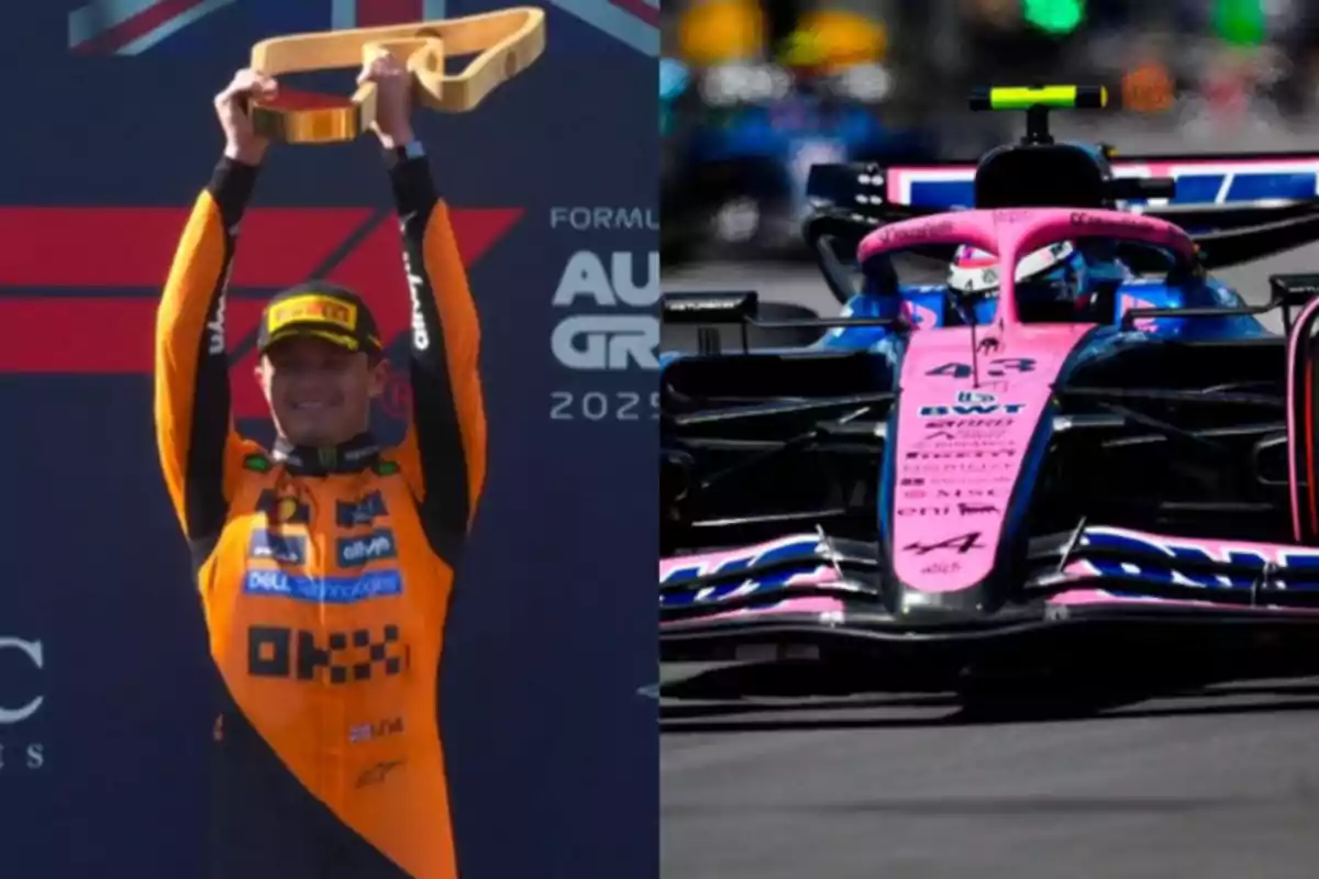 Formula 1 driver celebrating on the podium next to a race car on the track
