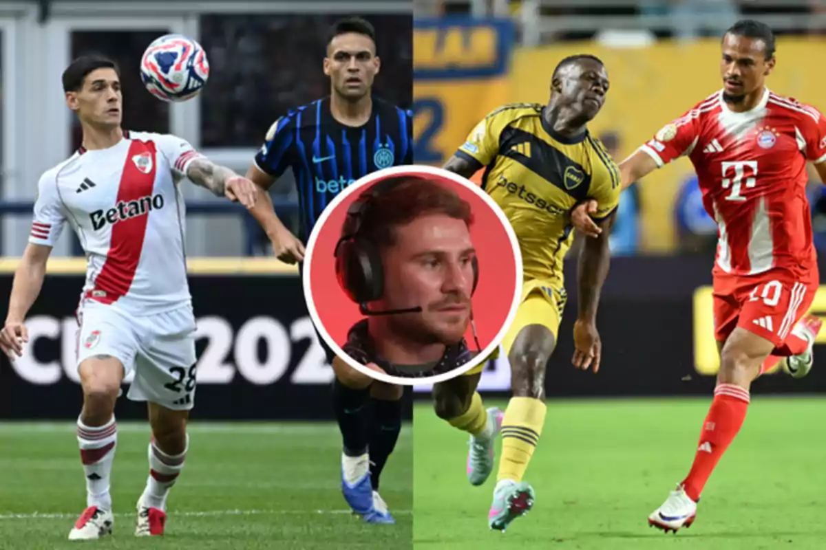 Cuatro futbolistas en acción durante un partido de fútbol y en el centro un recuadro con el rostro de un hombre usando auriculares