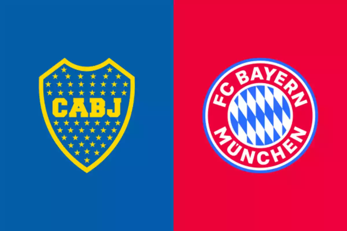 Escudos de Boca Juniors y Bayern Múnich sobre fondos azul y rojo respectivamente