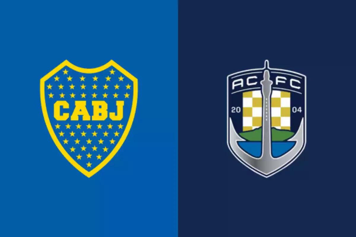 Badges of two soccer teams on blue and dark blue backgrounds Badges of two soccer teams on blue and dark blue backgrounds