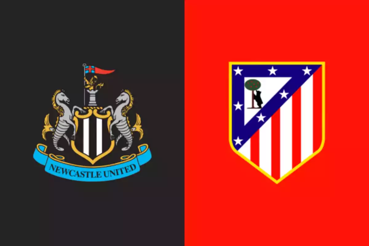 Badges of the football teams Newcastle United and Atlético de Madrid on black and red backgrounds, respectively Badges of the football teams Newcastle United and Atlético de Madrid on black and red backgrounds, respectively