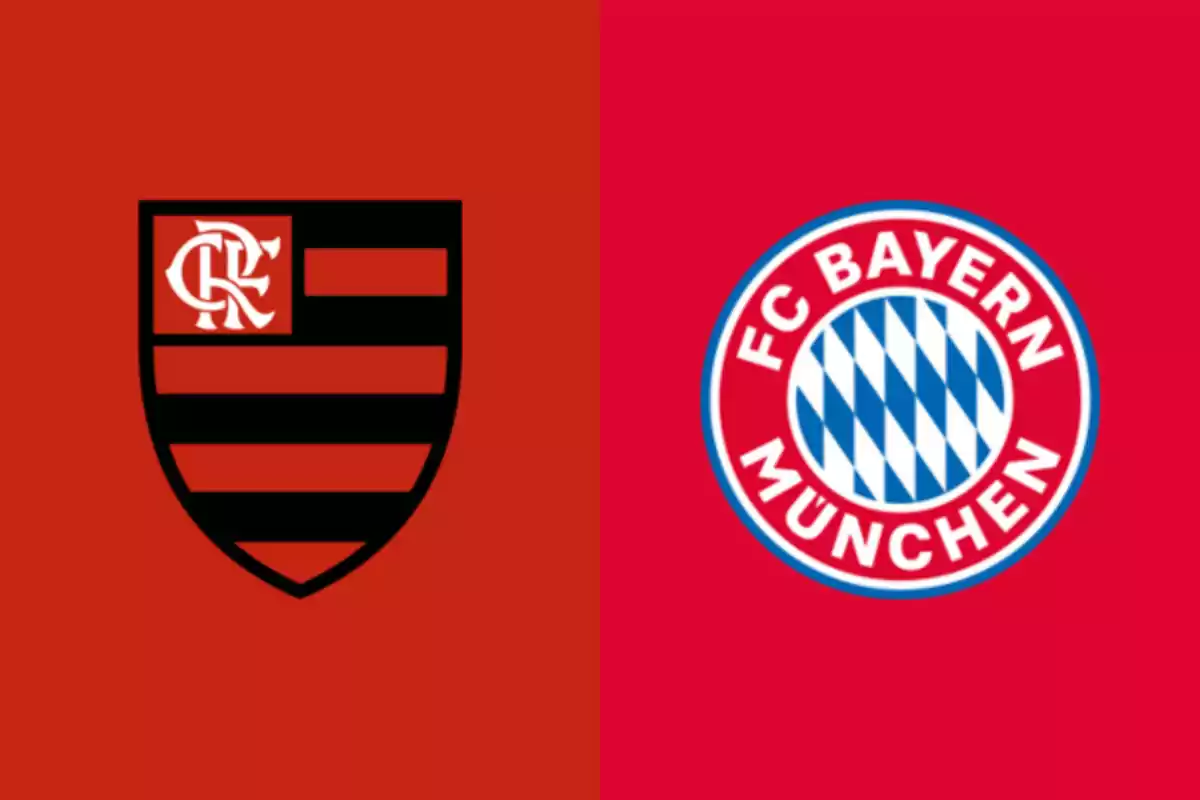 Escudos de los equipos Flamengo y Bayern Múnich sobre fondos rojos divididos verticalmente Escudos de los equipos Flamengo y Bayern Múnich sobre fondos rojos divididos verticalmente