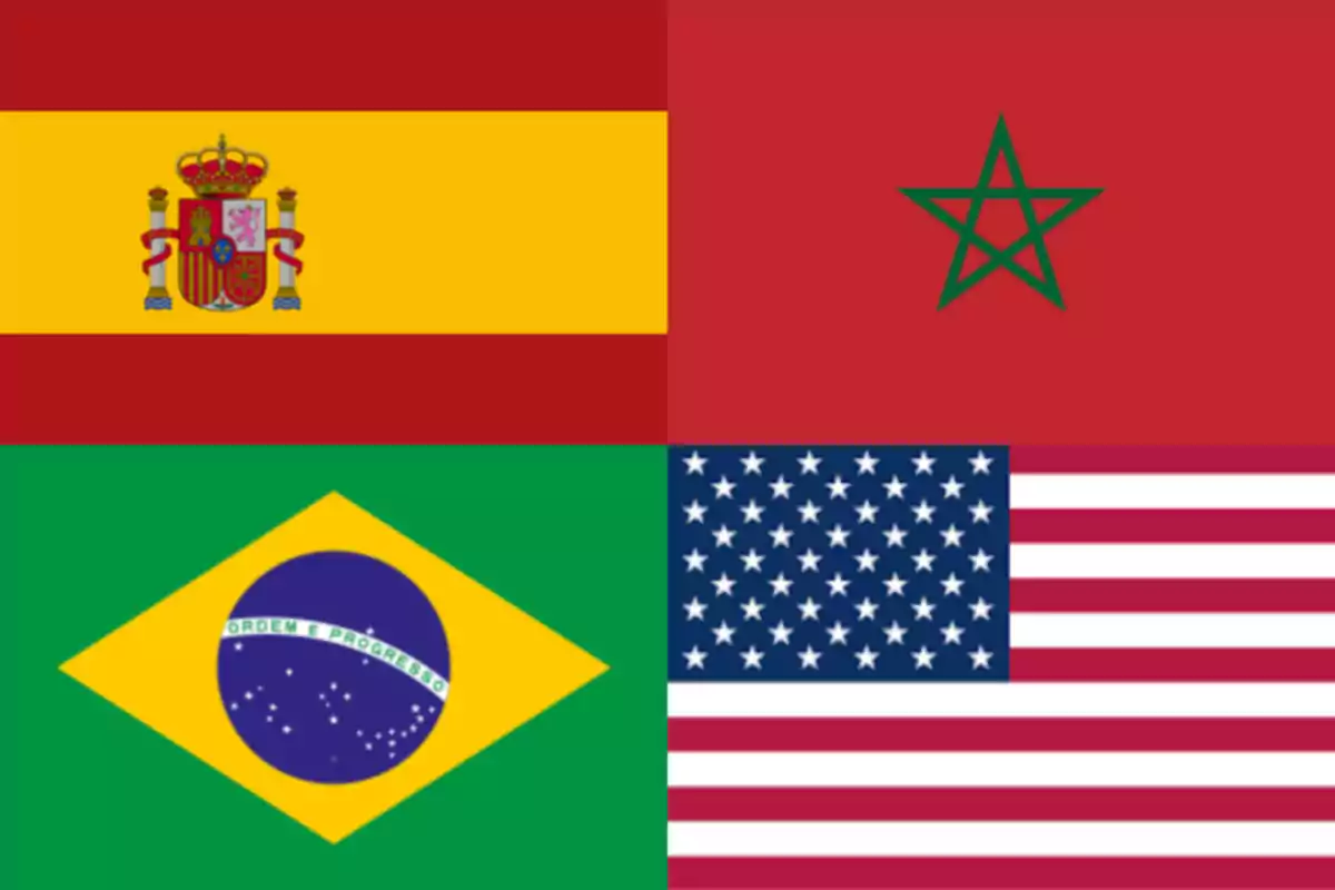 Cuatro banderas nacionales organizadas en una cuadrícula, incluyendo las de España, Marruecos, Brasil y Estados Unidos Cuatro banderas nacionales organizadas en una cuadrícula, incluyendo las de España, Marruecos, Brasil y Estados Unidos
