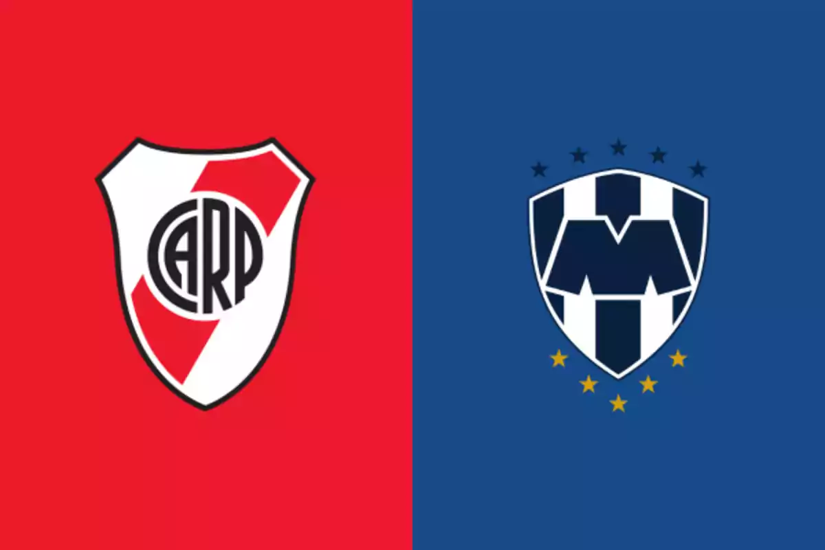 Escudos de los equipos de fútbol River Plate y Monterrey sobre fondos rojo y azul respectivamente