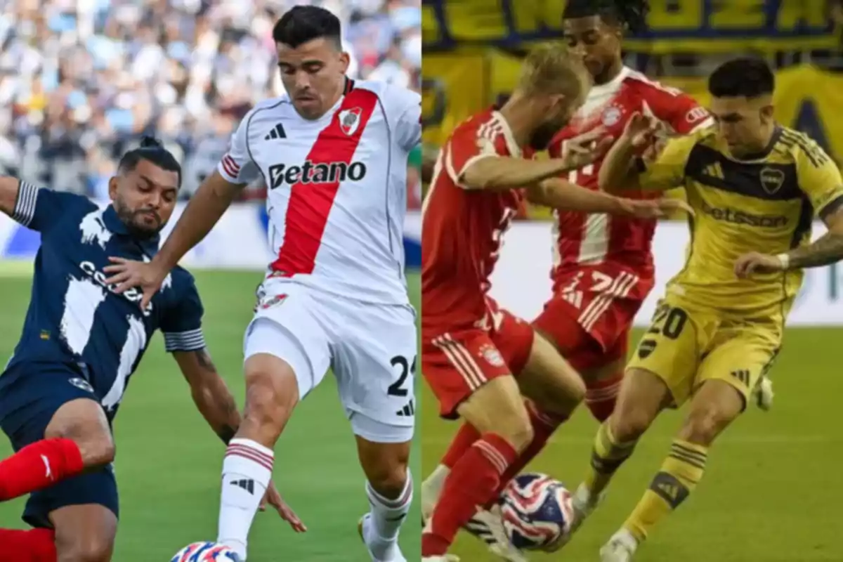 Soccer players from different teams contesting the ball during a match in two different scenes