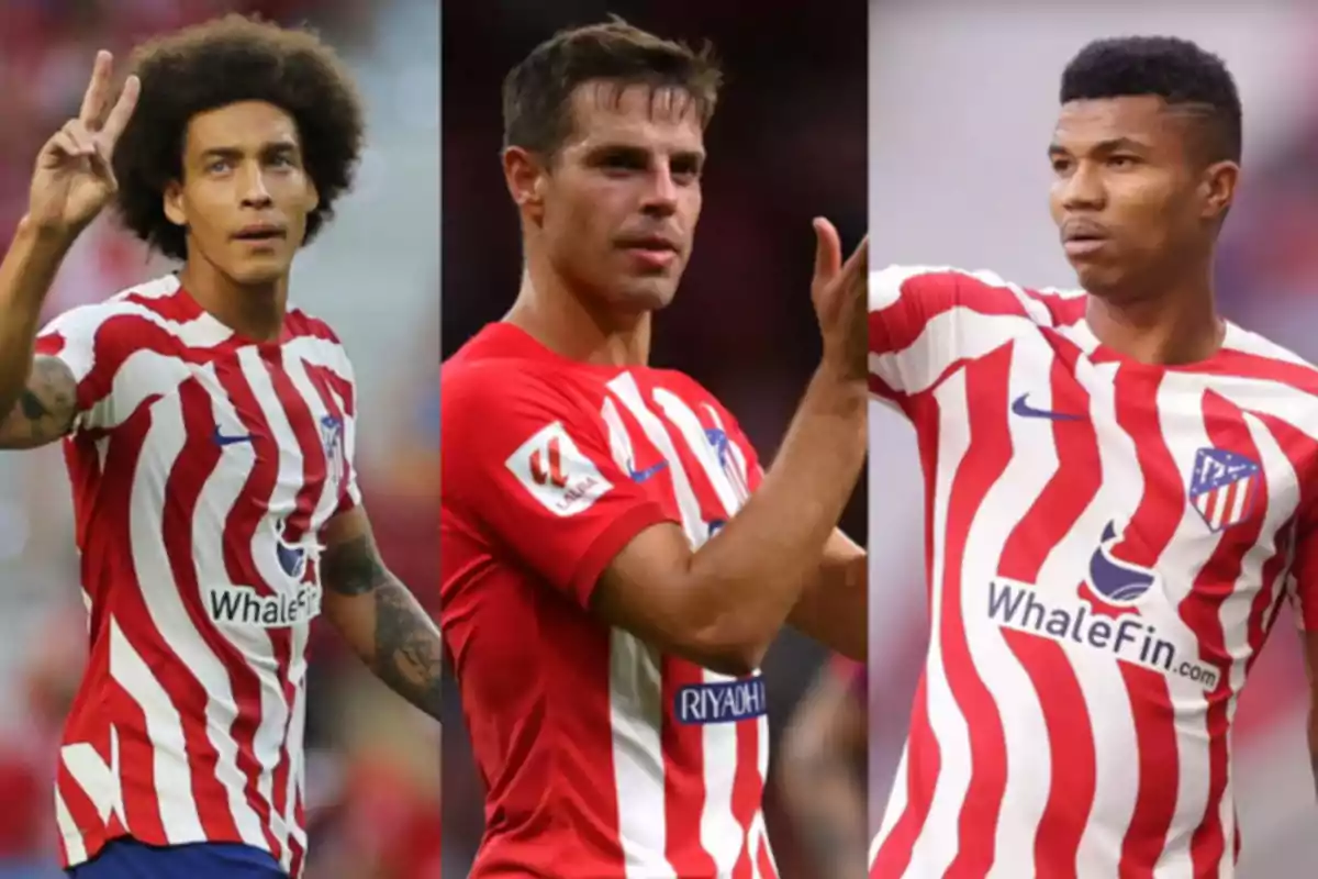 Three Atlético de Madrid players pose in the red and white striped uniform. Three Atlético de Madrid players pose in the red and white striped uniform.