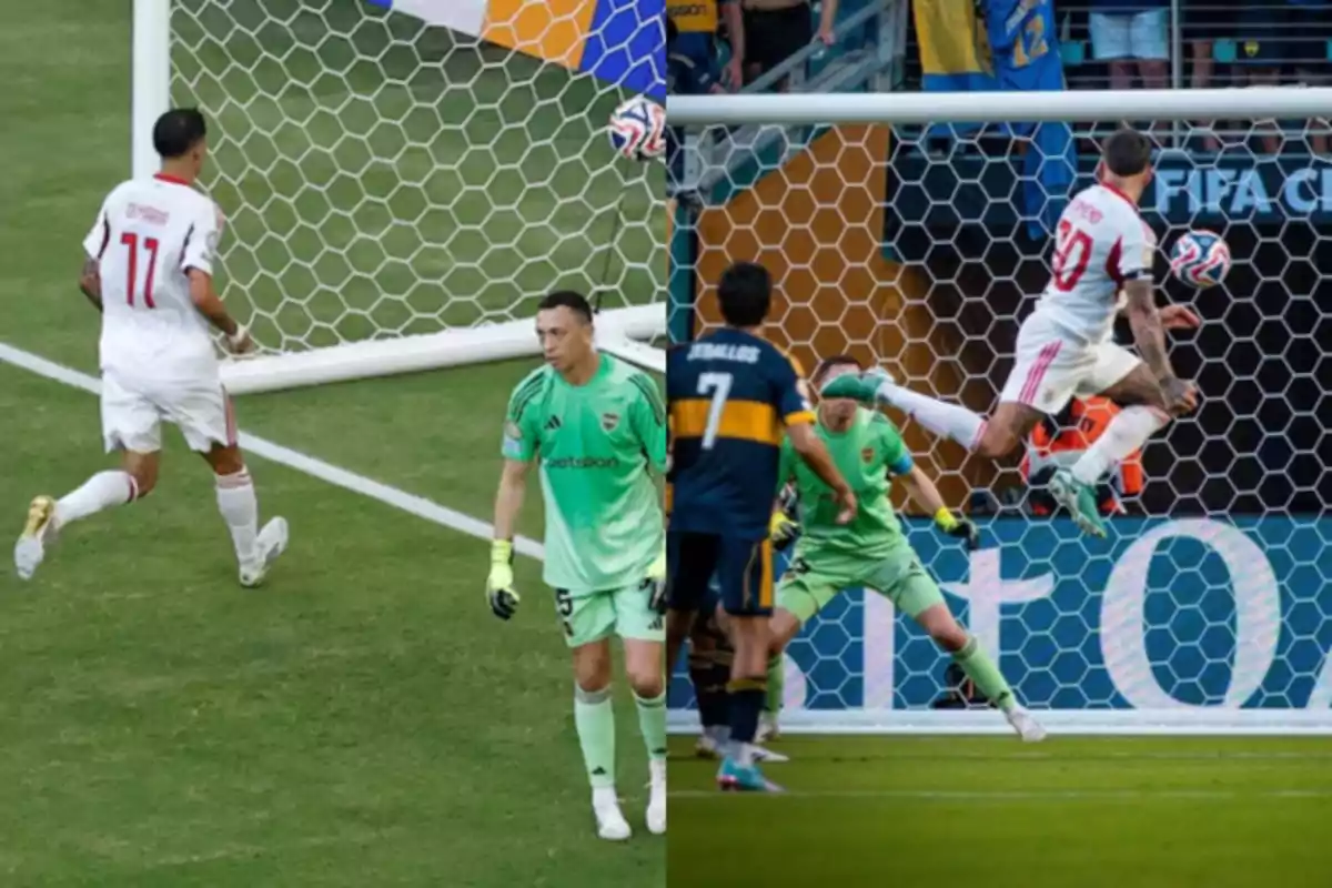 Dos momentos de un partido de fútbol donde jugadores de River Plate celebran goles frente al arco de Boca Juniors con el portero observando Dos momentos de un partido de fútbol donde jugadores de River Plate celebran goles frente al arco de Boca Juniors con el portero observando