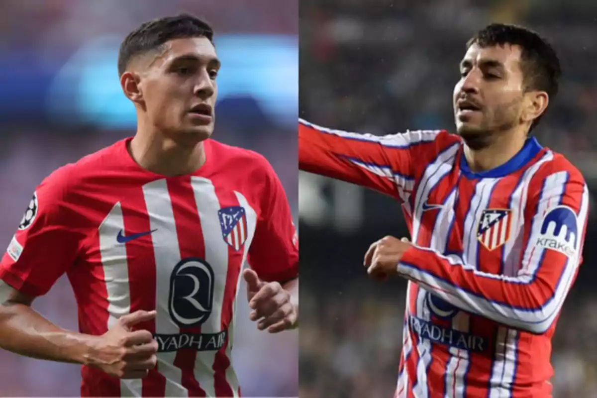 Two Atlético de Madrid players in red and white uniforms in different matches